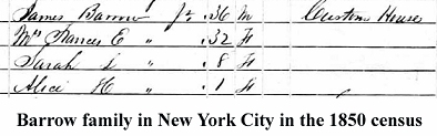 Barrow family in New York City in the 1850 census